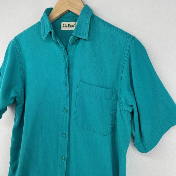 LL BEAN Top Womens S Cool Weave Short Sleeve Button Up Woven Green USA Vintage - Picture 3 of 12